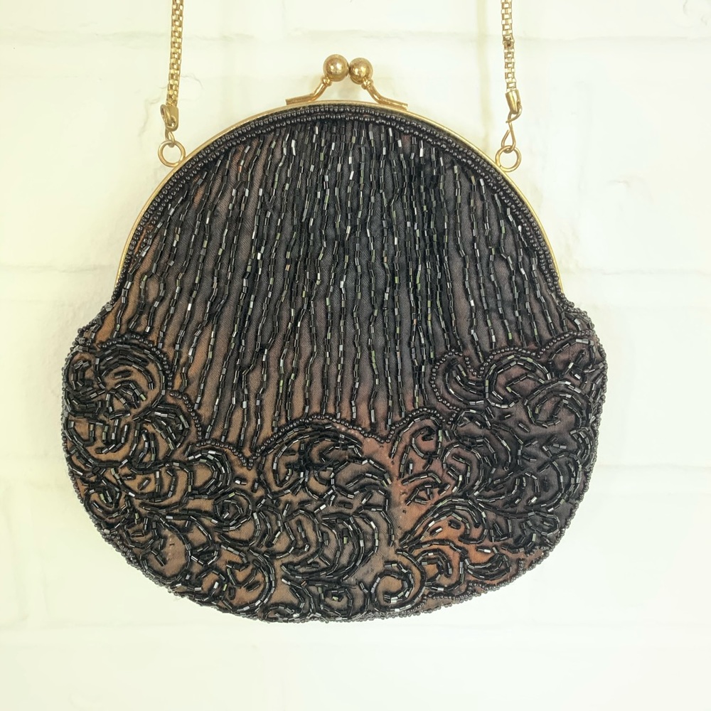 Vintage Black Beaded Evening Clutch Purse w/ Chain - Picture 7 of 10